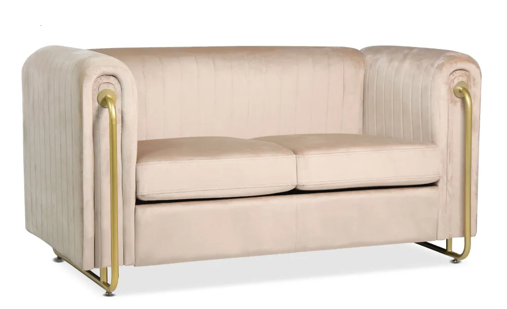 Divano 2 posti Edward art déco con struttura metallo dorato e velluto color tortora chiaro