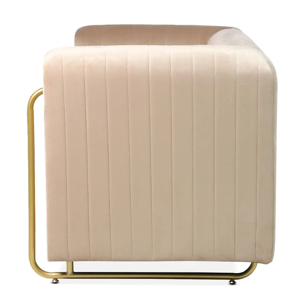 Divano 2 posti Edward art déco con struttura metallo dorato e velluto color tortora chiaro