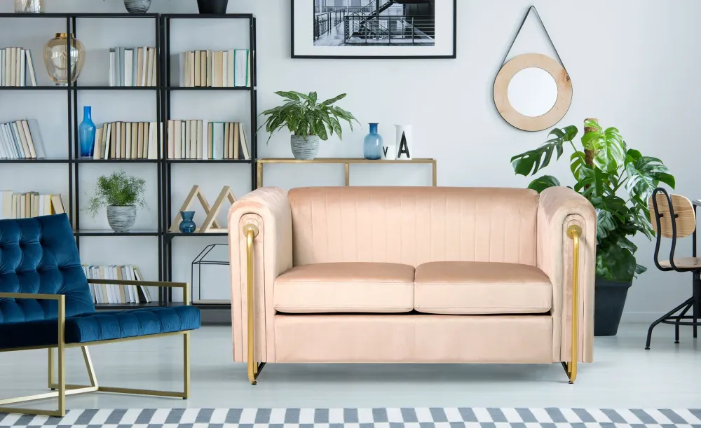Divano 2 posti Edward art déco con struttura metallo dorato e velluto color tortora chiaro