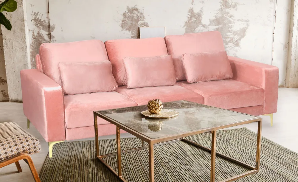 Jeriko Velours Rose Divano contemporaneo 3 posti con gambe dorate