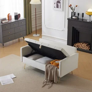 Divano Petie 2 posti, 135x71x86 cm, divano dritto velluto, con contenitori e cuscini, gambe metallo dorato, beige