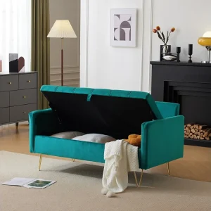 Divano Petie 2 posti, 135x71x86 cm, divano dritto velluto, con contenitori e cuscini, gambe metallo dorato, verde