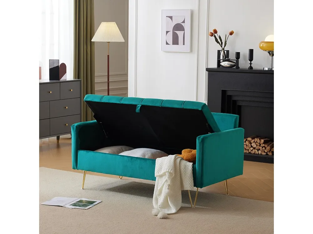 Divano Petie 2 posti, 135x71x86 cm, divano dritto velluto, con contenitori e cuscini, gambe metallo dorato, verde