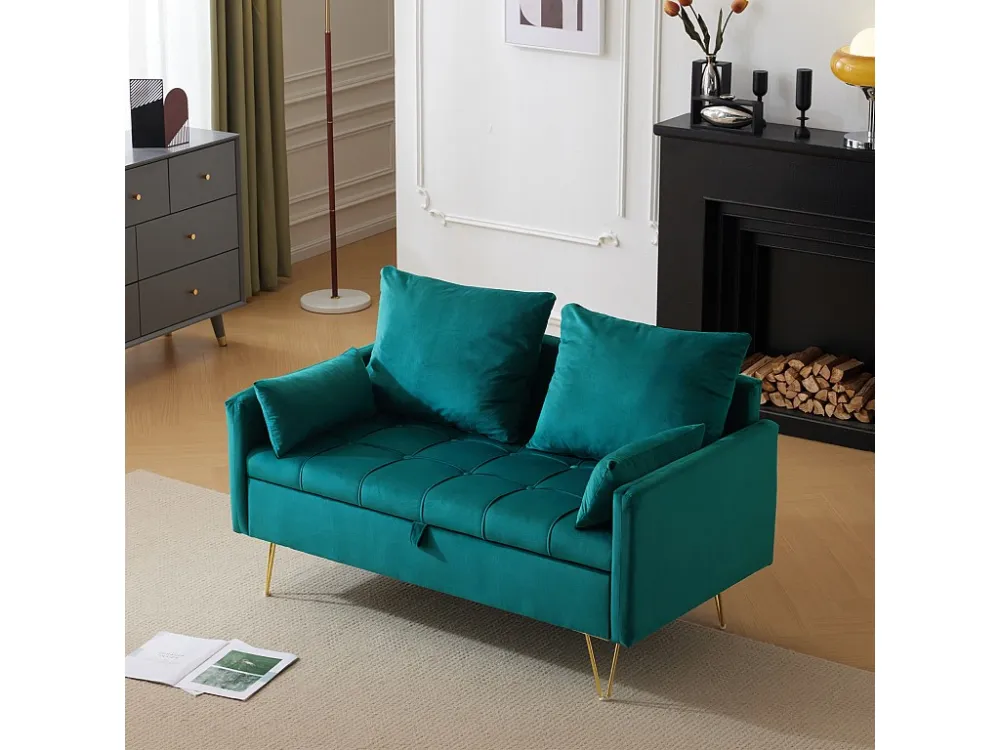 Divano Petie 2 posti, 135x71x86 cm, divano dritto velluto, con contenitori e cuscini, gambe metallo dorato, verde