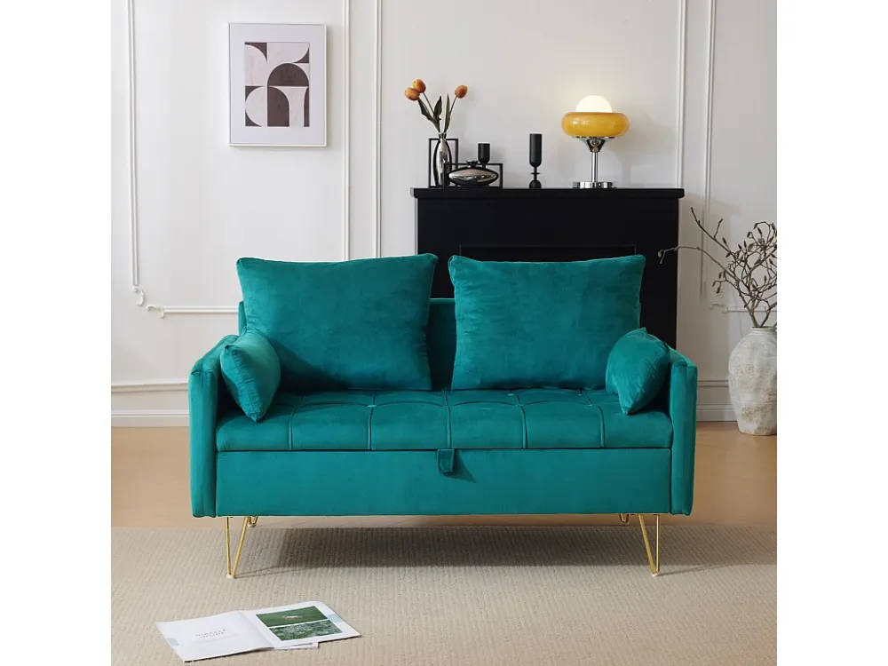 Divano Petie 2 posti, 135x71x86 cm, divano dritto velluto, con contenitori e cuscini, gambe metallo dorato, verde