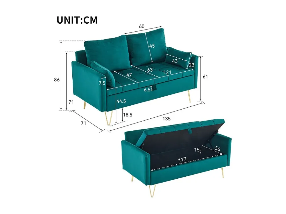 Divano Petie 2 posti, 135x71x86 cm, divano dritto velluto, con contenitori e cuscini, gambe metallo dorato, verde