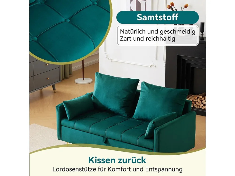 Divano Petie 2 posti, 135x71x86 cm, divano dritto velluto, con contenitori e cuscini, gambe metallo dorato, verde