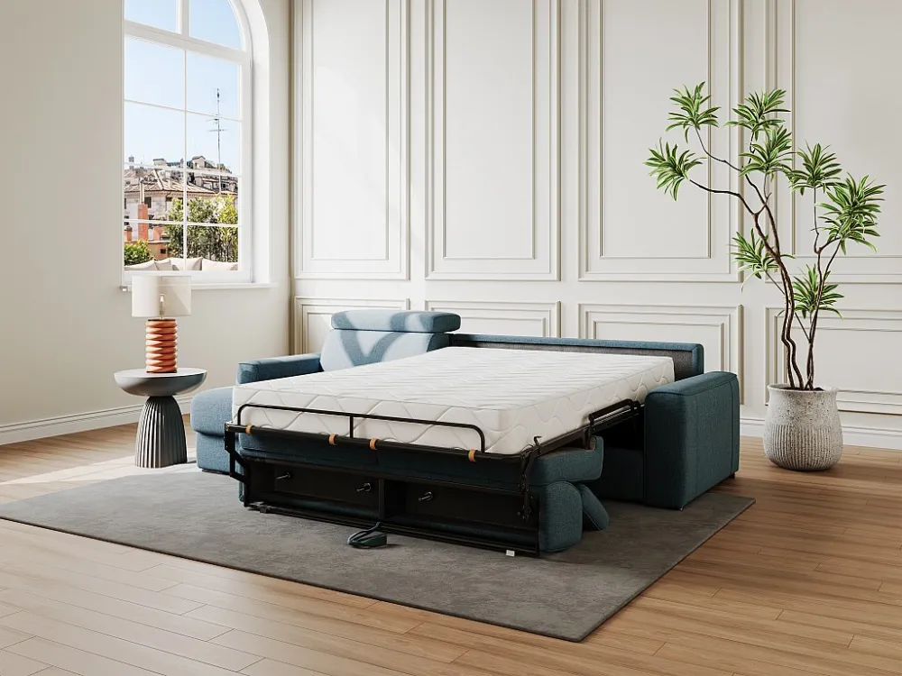 Divano letto angolare ribalta angolo rev. tessuto Blu Posto letto 140cm sp 22cm VIZIR