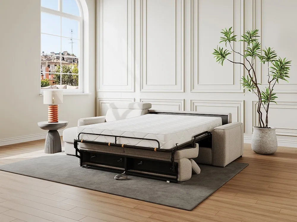 Divano letto angolare ribalta angolo reversibile tessuto Beige Doghe 140cm sp 22cm VIZIR