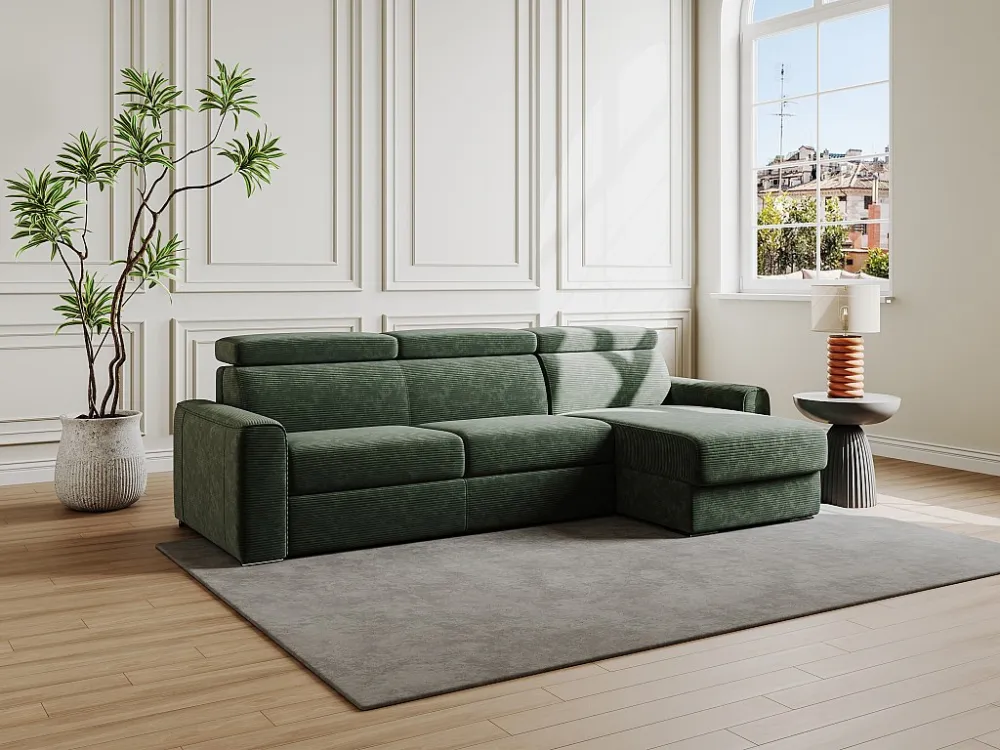 Divano letto angolare ribalta Velluto coste Verde Posto letto 160 cm sp 18 cm VIZIR
