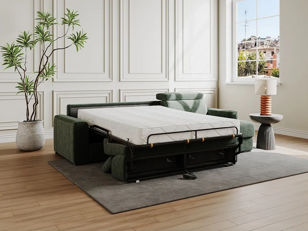 Divano letto angolare ribalta Velluto coste Verde Posto letto 160 cm sp 18 cm VIZIR