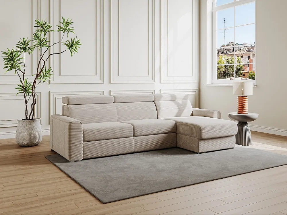 Divano letto angolare ribalta Velluto coste Beige Posto letto 140 cm sp 18 cm VIZIR