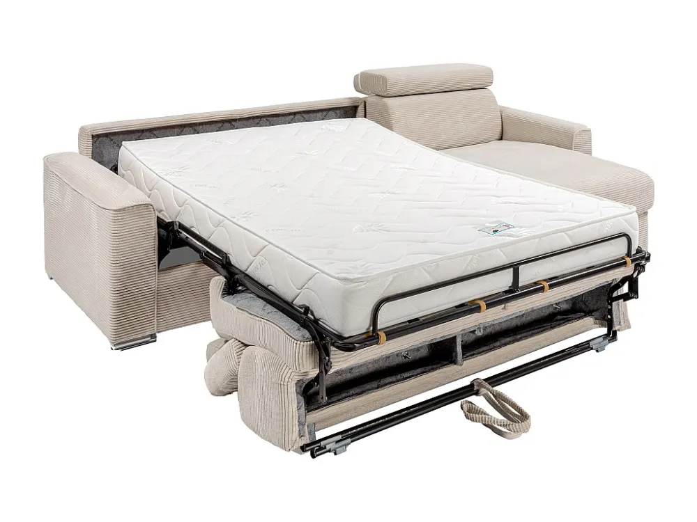 Divano letto angolare ribalta Velluto coste Beige Posto letto 140 cm sp 18 cm VIZIR