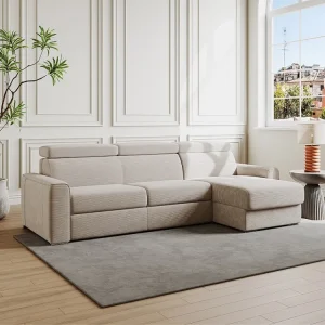 Divano letto angolare ribalta Velluto coste Beige Posto letto Doghe 140 cm VIZIR