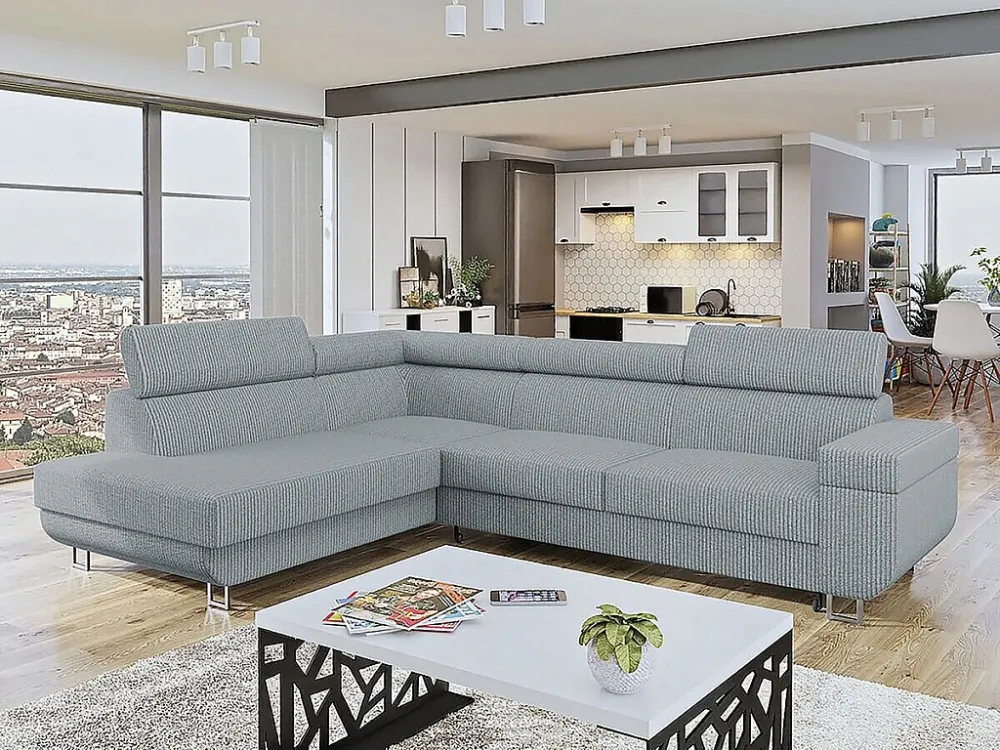 Divano ad angolo sinistro "Fonti" velluto coste grigio con contenitore e funzione letto - 5 posti Habitat et jardin
