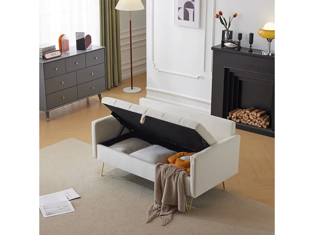 Divano velluto 2 posti con contenitore e cuscini, L 135 cm, gambe metallo dorato, per soggiorno, ufficio o appartamento, b...