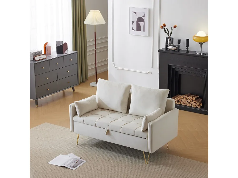 Divano velluto 2 posti con contenitore e cuscini, L 135 cm, gambe metallo dorato, per soggiorno, ufficio o appartamento, b...