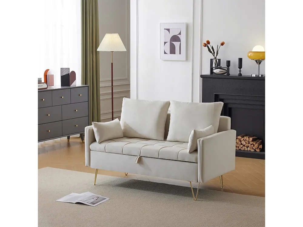 Divano velluto 2 posti con contenitore e cuscini, L 135 cm, gambe metallo dorato, per soggiorno, ufficio o appartamento, b...