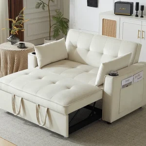 Divano letto pieghevole regolabile più angolazioni - 2 posti - Tessuto velluto - con portabicchieri e cuscini - Beige Mode...