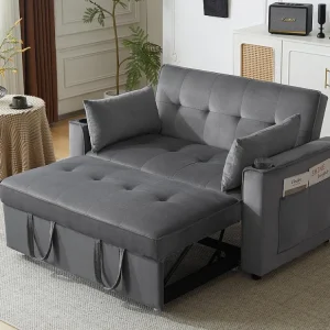 Divano letto pieghevole regolabile più angolazioni - 2 posti - Tessuto velluto - con portabicchieri e cuscini - Grigio Mod...