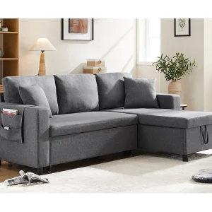Divano trasformabile 3 posti tessuto di lino - con contenitori e tasche laterali - Grigio ModernLuxe