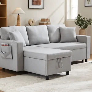Divano trasformabile 3 posti tessuto di lino - con contenitori e tasche laterali - Grigio chiaro ModernLuxe