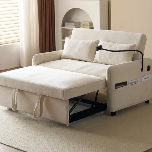 Divano trasformabile regolabile multiangolo tessuto ciniglia - 2 posti - con porta cellulare e porte USB - Beige ModernLuxe