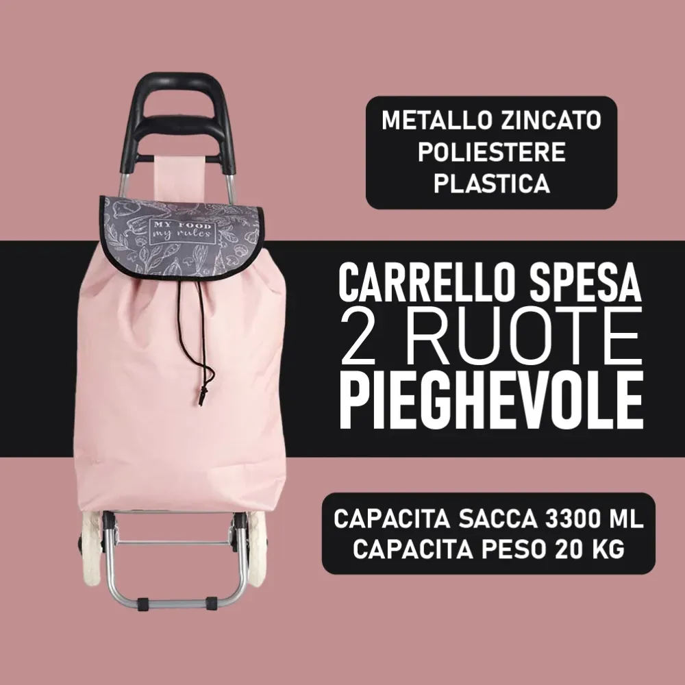 Carrello Portaspesa con Manico e 2 Ruote Metallo Zincato Borsa da 33LT Rosa