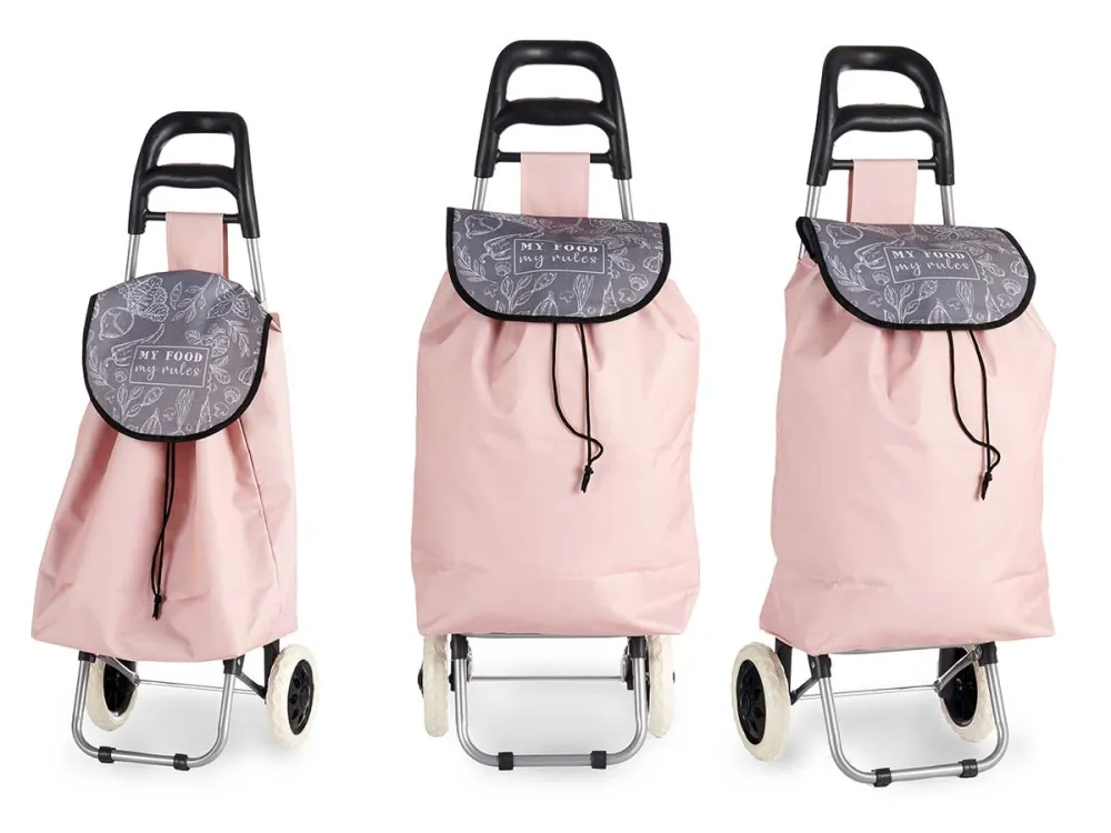 Carrello Portaspesa con Manico e 2 Ruote Metallo Zincato Borsa da 33LT Rosa