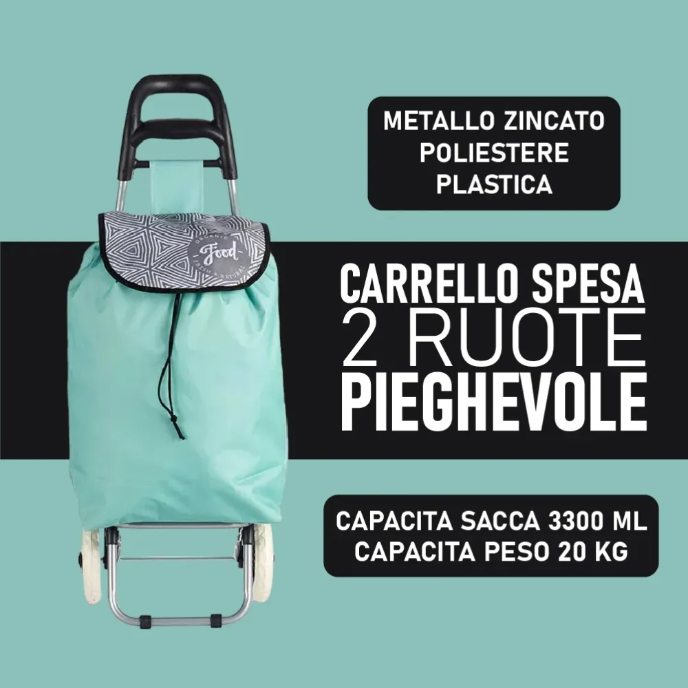 Carrello Portaspesa 2 Ruote e Maniglia Metallo Zincato Antipioggia Verde