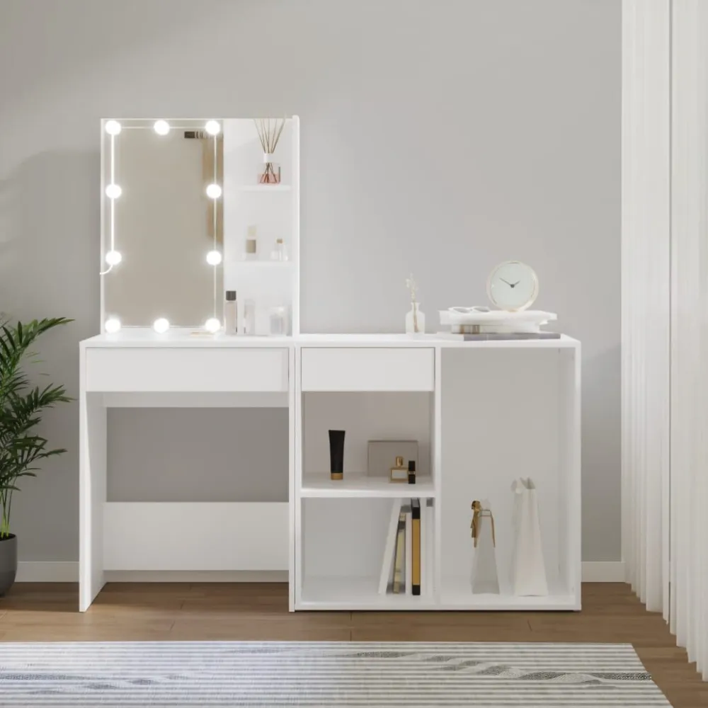 Applique Braccio Toeletta con LED e Armadietto Bianco Legno Multistrato