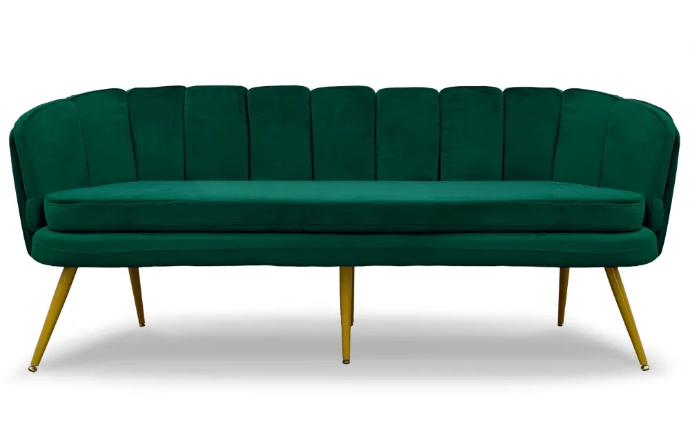 Divano arrotondato 3 posti Brenda velluto verde con gambe dorate