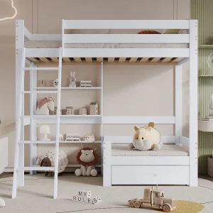 Letto soppalco 90 x 200 cm con ripiani portaoggetti e divano - legno massello + MDF - bianco Merax