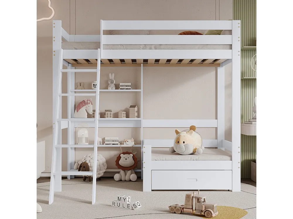 Letto soppalco 90 x 200 cm con ripiani portaoggetti e divano - legno massello + MDF - bianco Merax