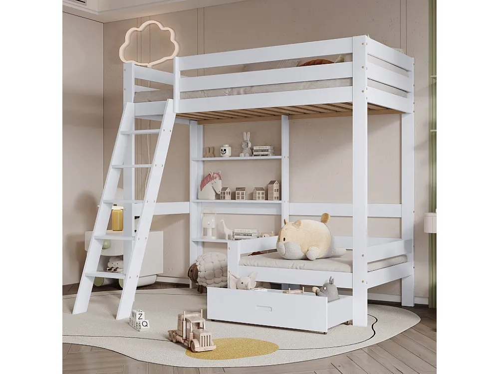 Letto soppalco 90 x 200 cm con ripiani portaoggetti e divano - legno massello + MDF - bianco Merax