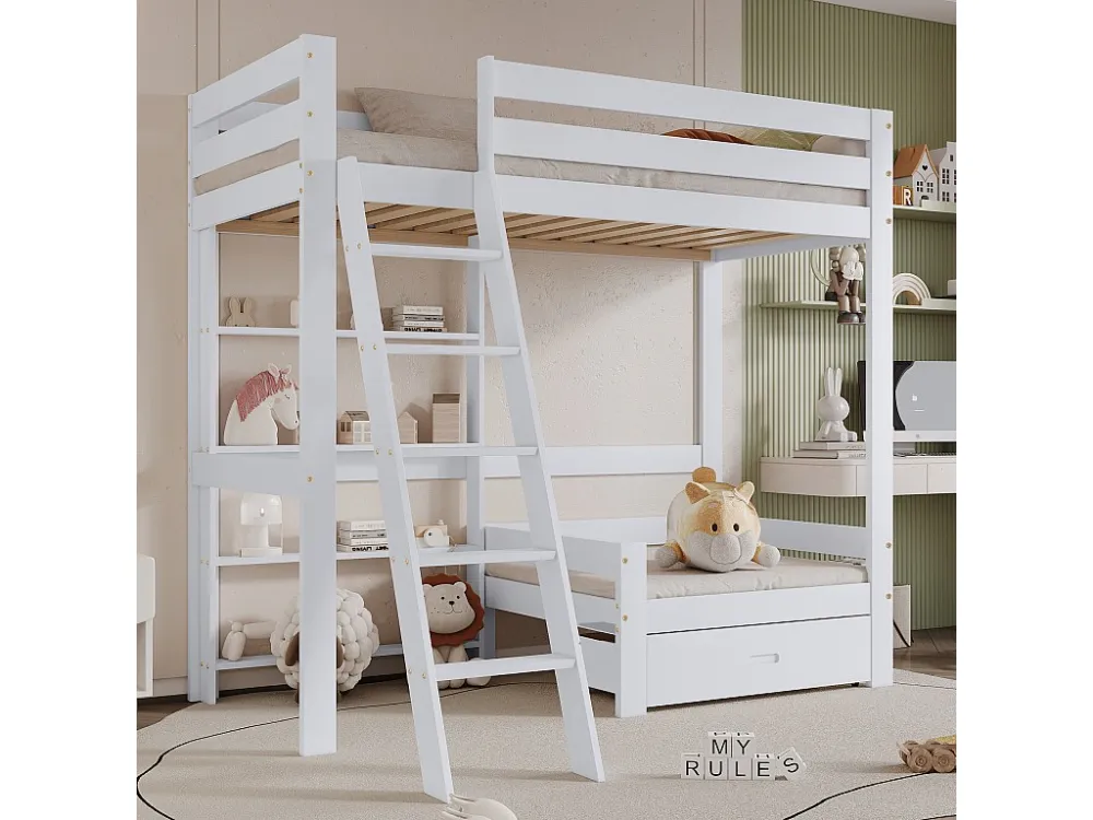 Letto soppalco 90 x 200 cm con ripiani portaoggetti e divano - legno massello + MDF - bianco Merax