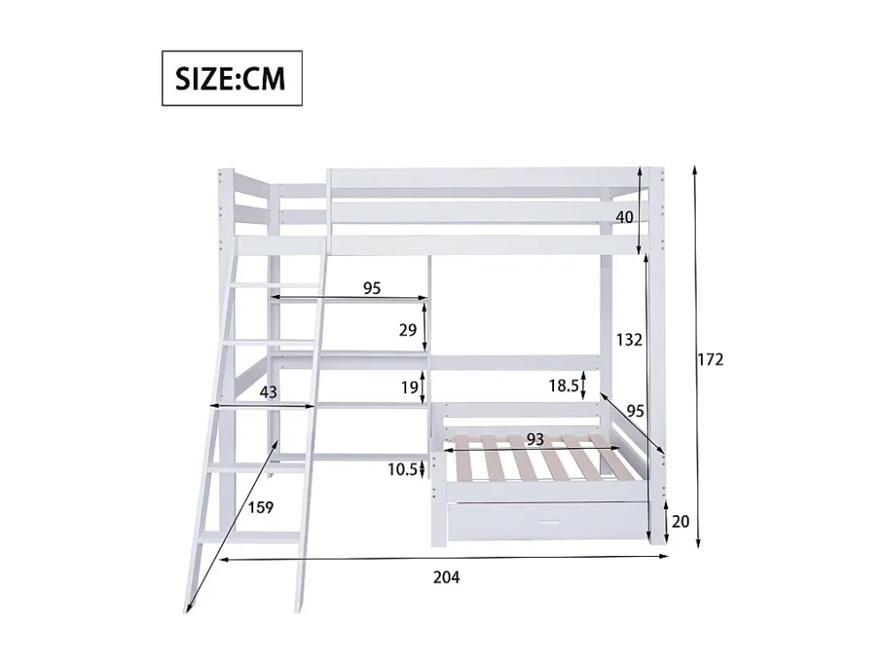 Letto soppalco 90 x 200 cm con ripiani portaoggetti e divano - legno massello + MDF - bianco Merax