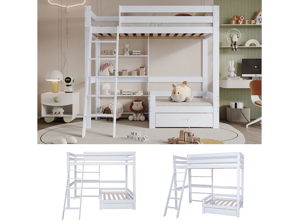 Letto soppalco 90 x 200 cm con ripiani portaoggetti e divano - legno massello + MDF - bianco Merax