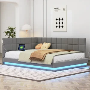Letto imbottito 140 x 200 cm, divano letto con testiera morbida - striscia luminosa LED, presa USB - tessuto velluto - gri...