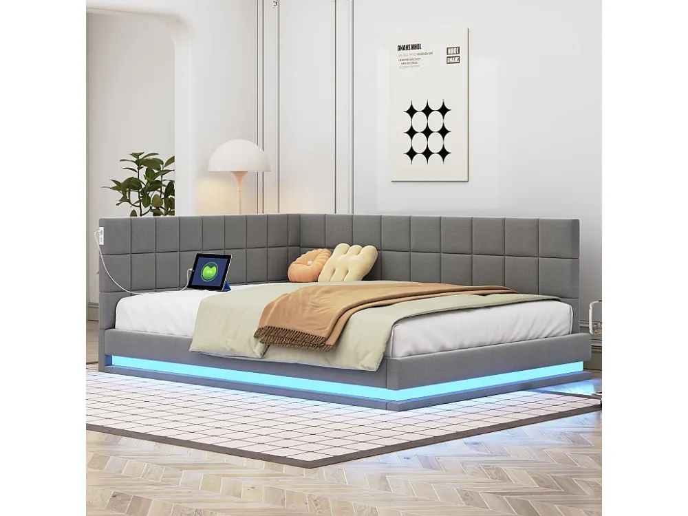 Letto imbottito 140 x 200 cm, divano letto con testiera morbida - striscia luminosa LED, presa USB - tessuto velluto - gri...