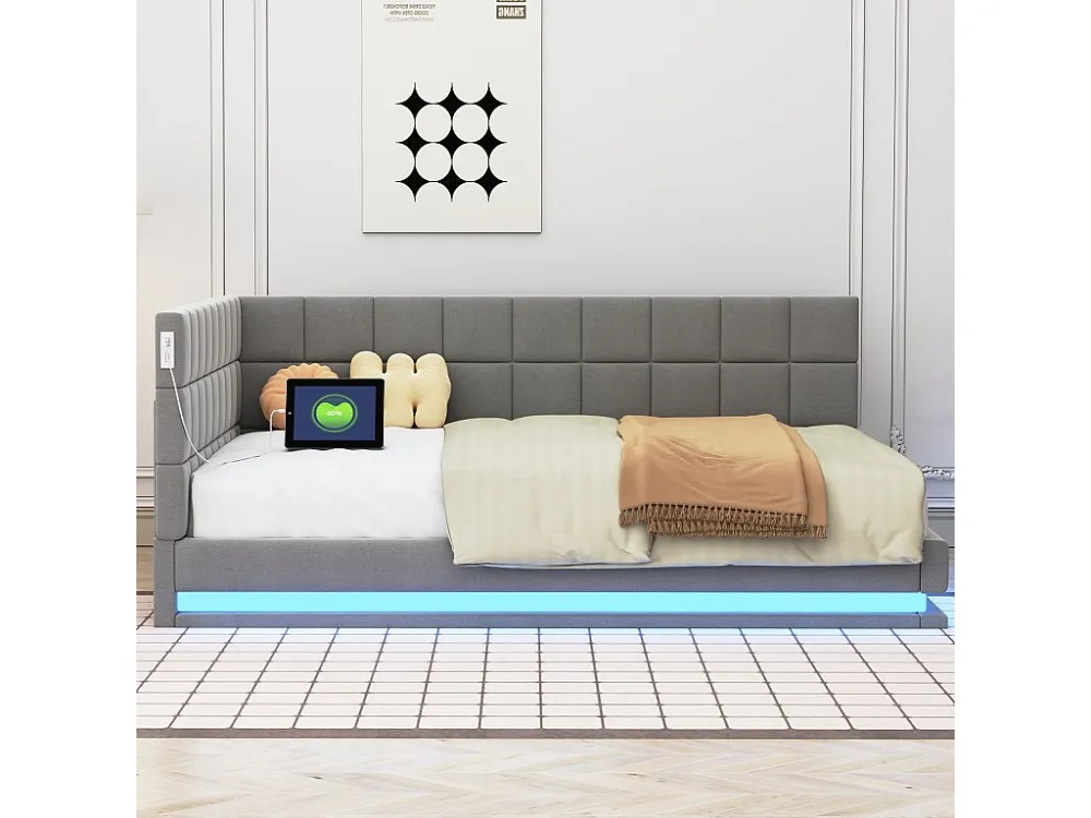 Letto imbottito 140 x 200 cm, divano letto con testiera morbida - striscia luminosa LED, presa USB - tessuto velluto - gri...