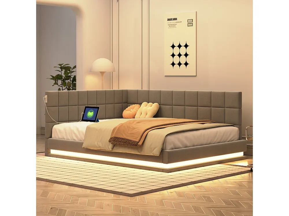 Letto imbottito 140 x 200 cm, divano letto con testiera morbida - striscia luminosa LED, presa USB - tessuto velluto - gri...