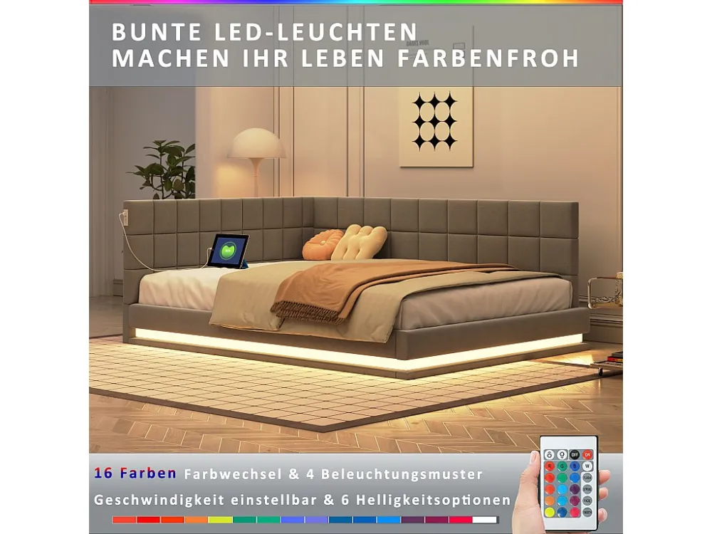 Letto imbottito 140 x 200 cm, divano letto con testiera morbida - striscia luminosa LED, presa USB - tessuto velluto - gri...