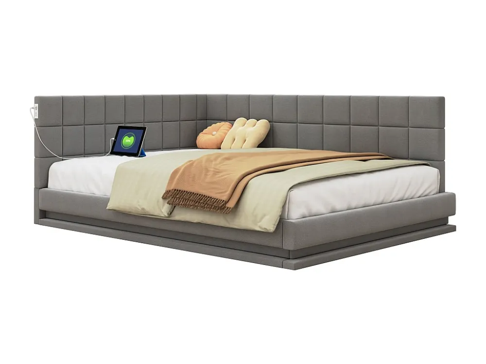 Letto imbottito 140 x 200 cm, divano letto con testiera morbida - striscia luminosa LED, presa USB - tessuto velluto - gri...