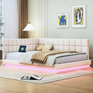 Letto imbottito 140 x 200 cm, divano letto con testiera morbida - striscia luminosa LED, presa USB - tessuto velluto - bei...
