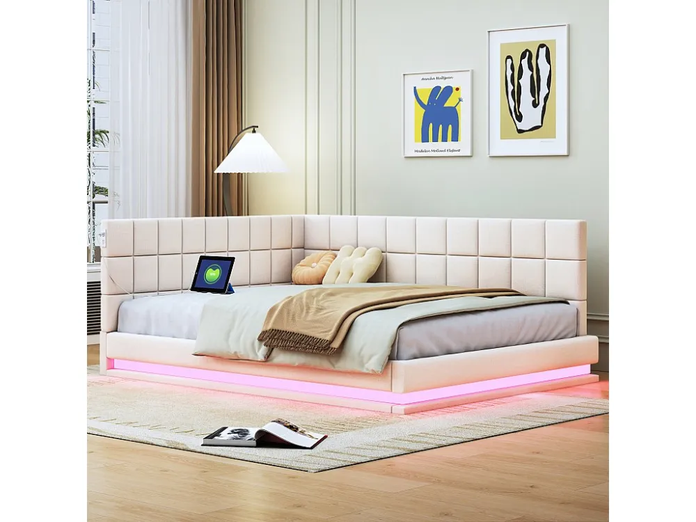 Letto imbottito 140 x 200 cm, divano letto con testiera morbida - striscia luminosa LED, presa USB - tessuto velluto - bei...