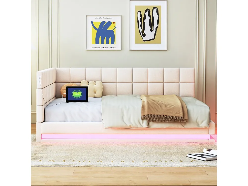 Letto imbottito 140 x 200 cm, divano letto con testiera morbida - striscia luminosa LED, presa USB - tessuto velluto - bei...