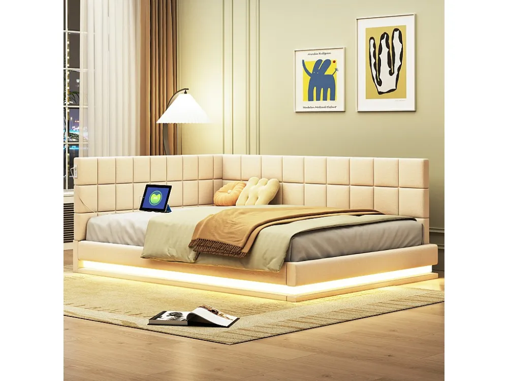 Letto imbottito 140 x 200 cm, divano letto con testiera morbida - striscia luminosa LED, presa USB - tessuto velluto - bei...