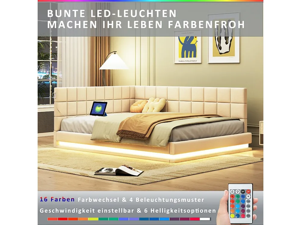 Letto imbottito 140 x 200 cm, divano letto con testiera morbida - striscia luminosa LED, presa USB - tessuto velluto - bei...