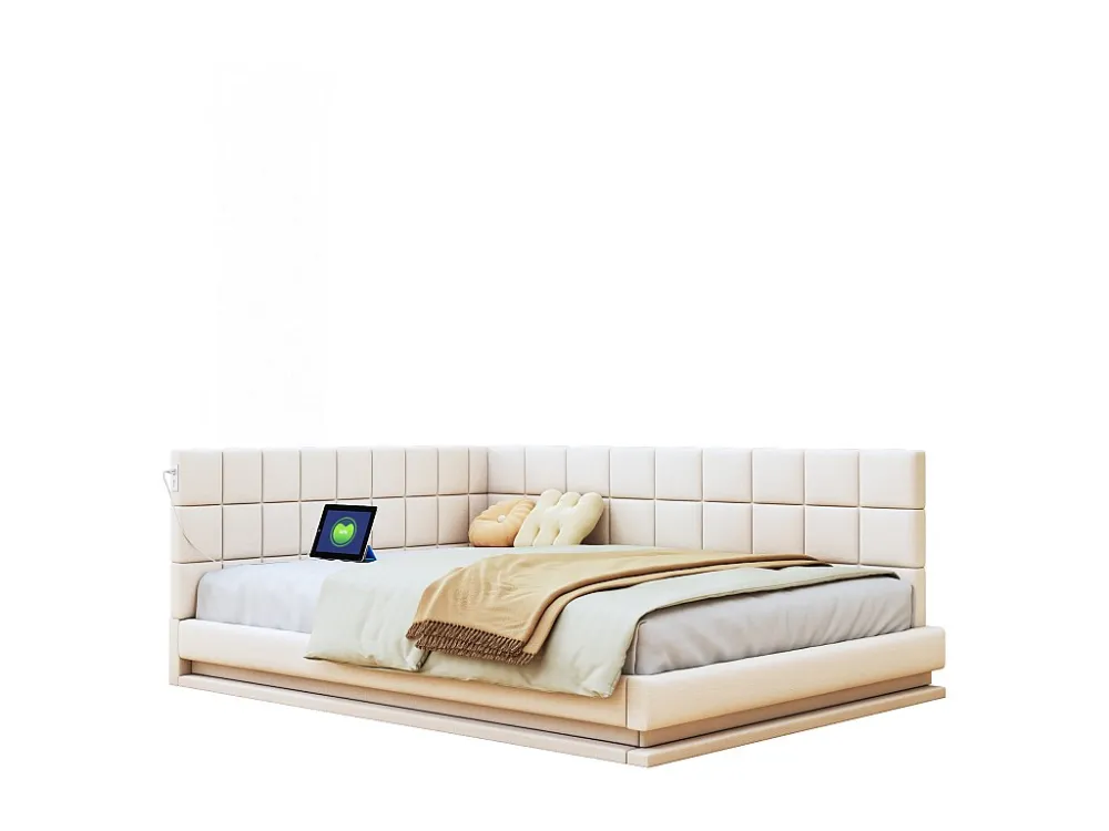 Letto imbottito 140 x 200 cm, divano letto con testiera morbida - striscia luminosa LED, presa USB - tessuto velluto - bei...